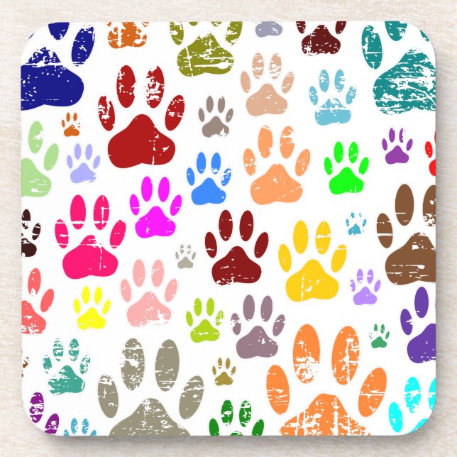 Distressed Colourful Dog Paw Prints Coaster (Front)