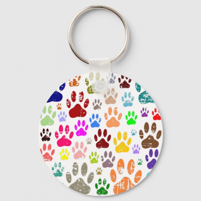 Distressed Colourful Dog Paw Prints Key Ring (Front)