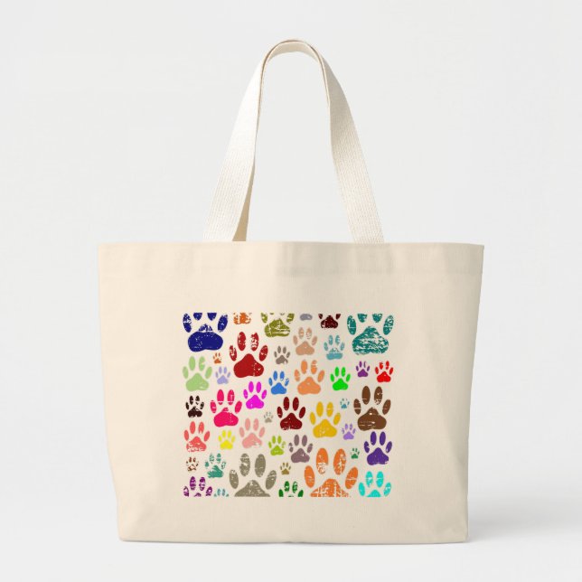 Distressed Colourful Dog Paw Prints Large Tote Bag (Front)