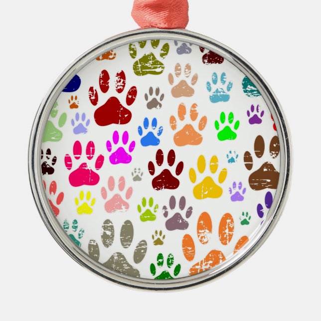 Distressed Colourful Dog Paw Prints Metal Ornament (Front)
