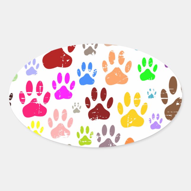 Distressed Colourful Dog Paw Prints Oval Sticker (Front)