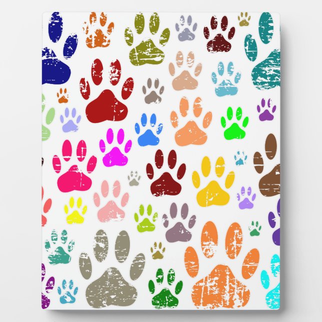 Distressed Colourful Dog Paw Prints Plaque (Front)
