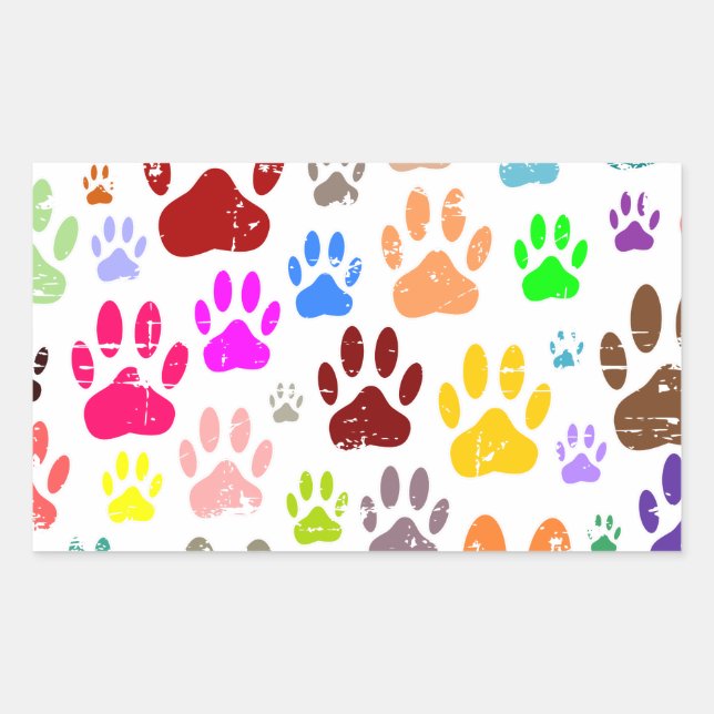 Distressed Colourful Dog Paw Prints Rectangular Sticker (Front)