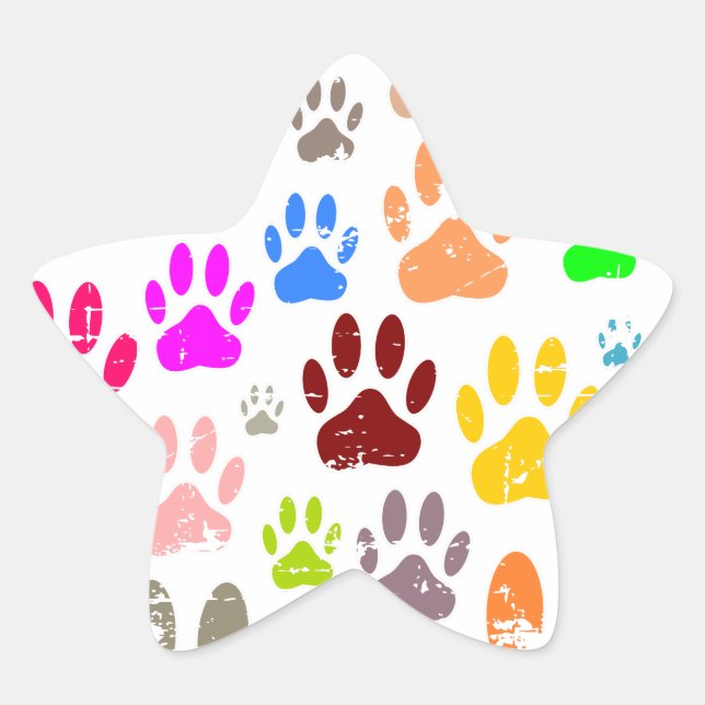Distressed Colourful Dog Paw Prints Star Sticker (Front)