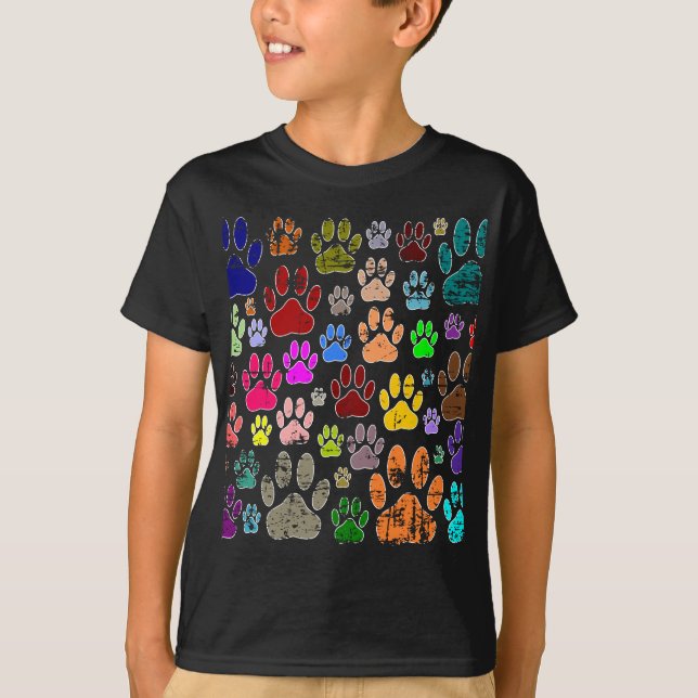 Distressed Colourful Dog Paw Prints T-Shirt (Front)