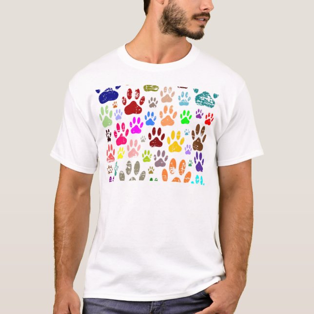 Distressed Colourful Dog Paw Prints T-Shirt (Front)