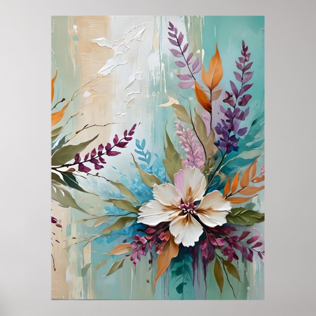 Distressed Colourful Floral on Blue Beige White Poster (Front)