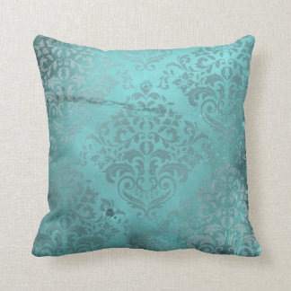 Distressed Damask Aqua Cushion