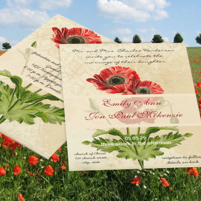 Distressed Damask Botanical Poppy Wedding Invitation (Creator Uploaded)