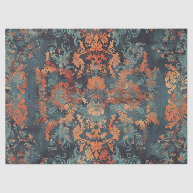 Distressed Damask Pattern Copper Teal Decoupage Tissue Paper (Front)