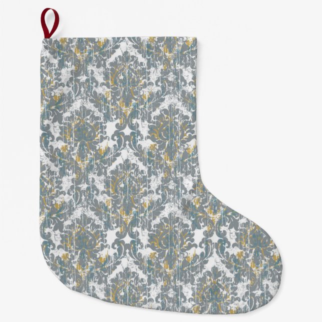 Distressed Damask Pattern Large Christmas Stocking (Front)