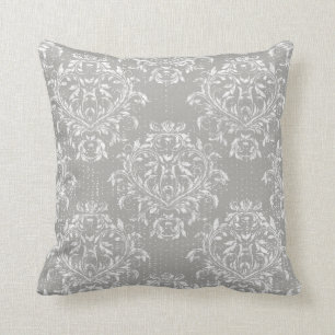 Distressed Damask Throw Pillow - Grey / Grey