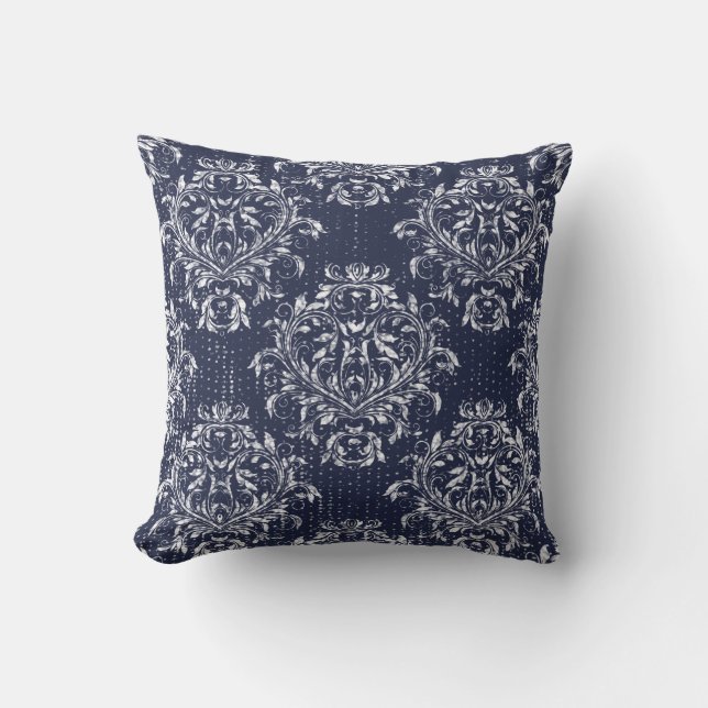Distressed Damask Throw Pillow - Navy Blue (Front)