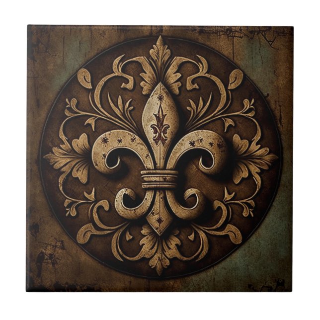 Distressed Decorative Fleur De Lis  Ceramic Tile (Front)