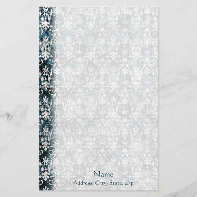 Distressed Denim Damask Stationery (Front)