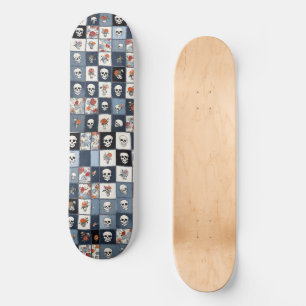 Distressed Denim Patchwork Skulls Floral Skateboard