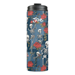 Distressed Denim Patchwork with Skeletons & Roses Thermal Tumbler
