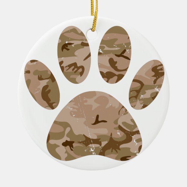 Distressed Desert Camo Dog Paw Print Ceramic Ornament (Front)