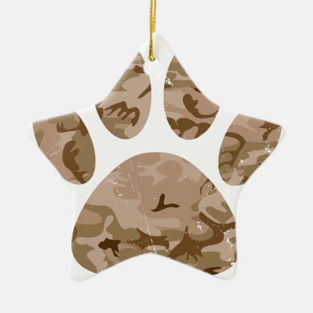 Distressed Desert Camo Dog Paw Print Ceramic Ornament (Front)