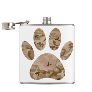 Distressed Desert Camo Dog Paw Print Hip Flask