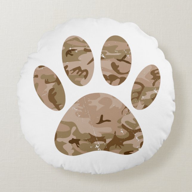 Distressed Desert Camo Dog Paw Print Round Cushion (Front)