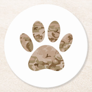 Distressed Desert Camo Dog Paw Print Round Paper Coaster