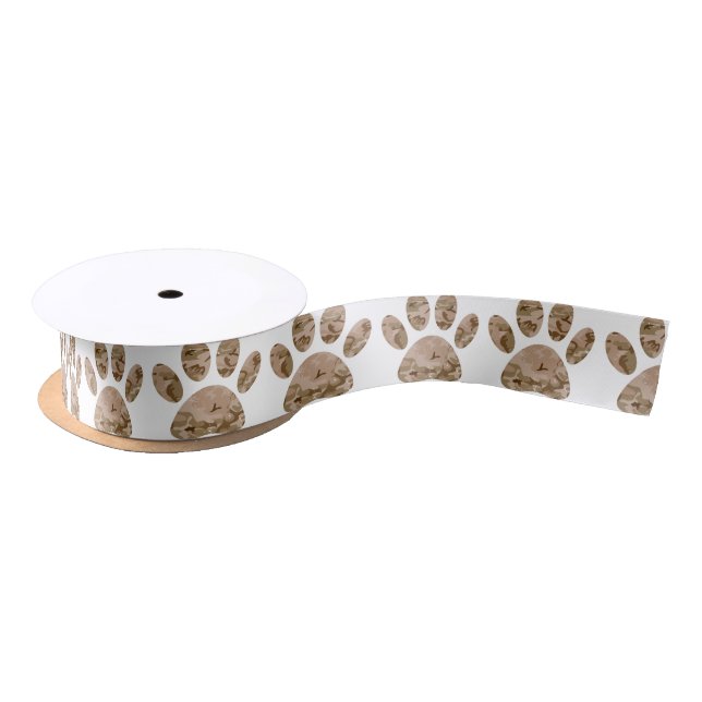 Distressed Desert Camo Dog Paw Print Satin Ribbon (Spool)