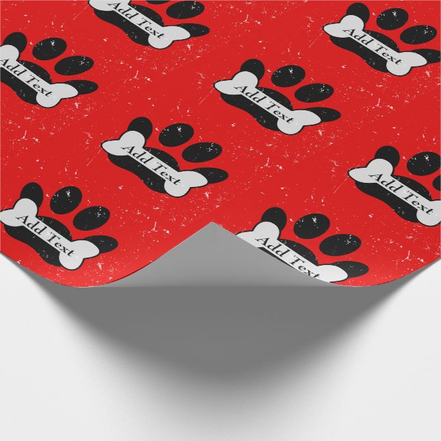 Distressed Dog Paw Print And Bone On Red Wrapping Paper (Corner)