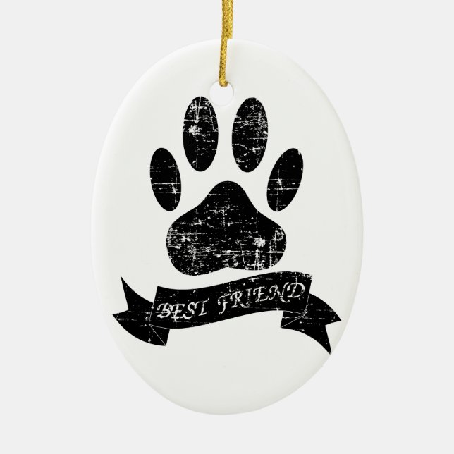 Distressed Dog Paw With Ribbon Ceramic Ornament (Front)
