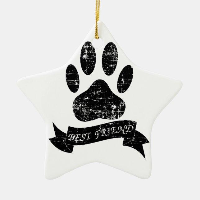 Distressed Dog Paw With Ribbon Ceramic Tree Decoration (Front)