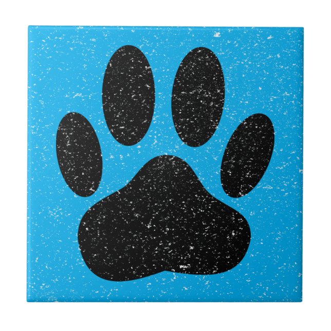 Distressed Dog Pawprint Square Blue Ceramic Tile (Front)