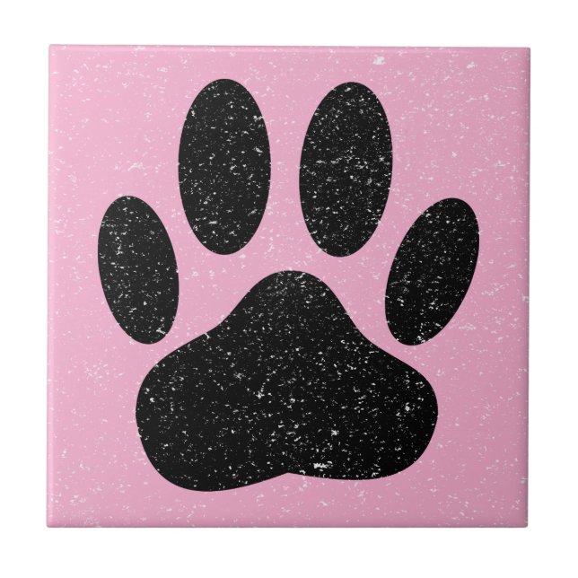 Distressed Dog Pawprint Square Pink Ceramic Tile (Front)
