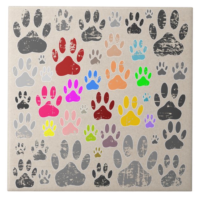 Distressed Dog Paws On Kraft Paper Background Ceramic Tile (Front)