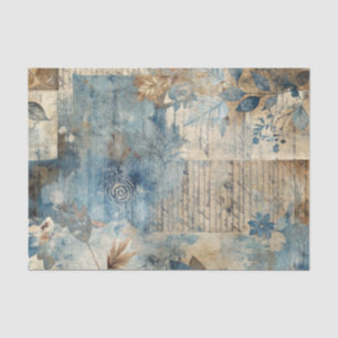 Distressed Ephemera Collage in Blue and Beige Tissue Paper