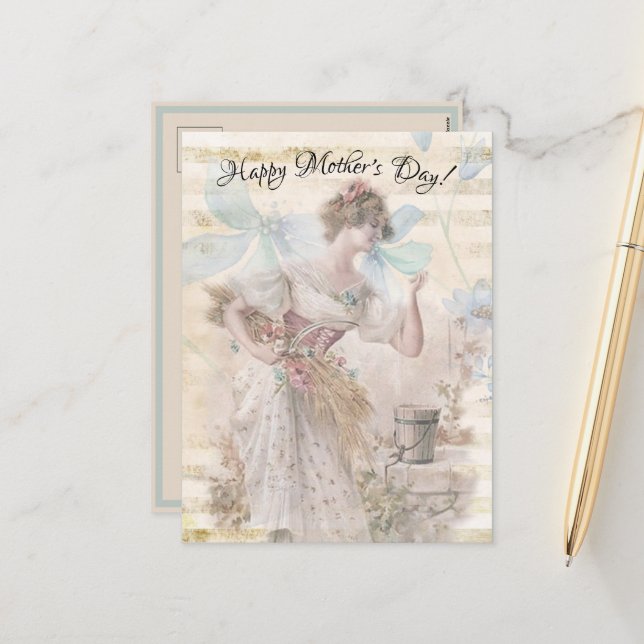 Distressed Fantasy Woman Gathering Flowers Grain Holiday Postcard (Front/Back In Situ)