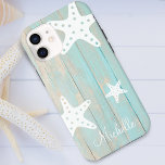 Distressed Faux Beach Wood Starfish Personalised iPhone 11 Case<br><div class="desc">Distressed tropical beach blue faux wood with three white graphic starfish and personalised phone case.</div>