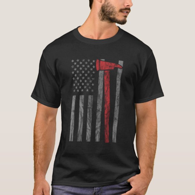 Distressed Fire Axe Usa Flag Firefighter T-Shirt (Front)