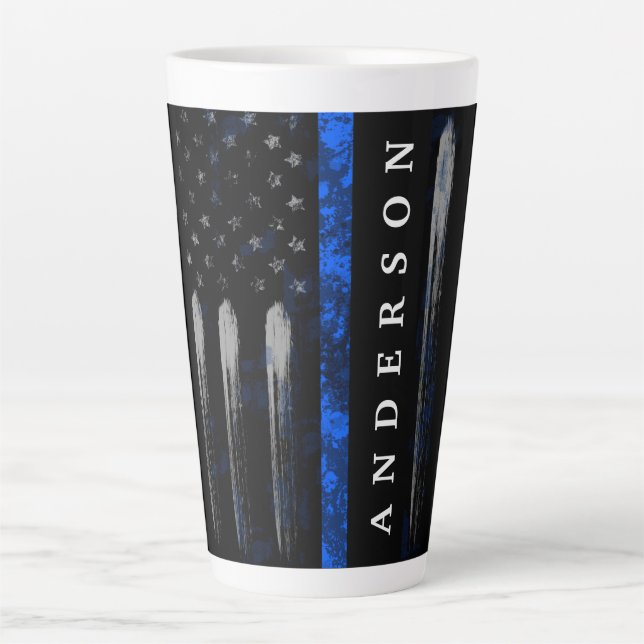 Distressed Flag Thin Blue Line Latte Mug (Front)