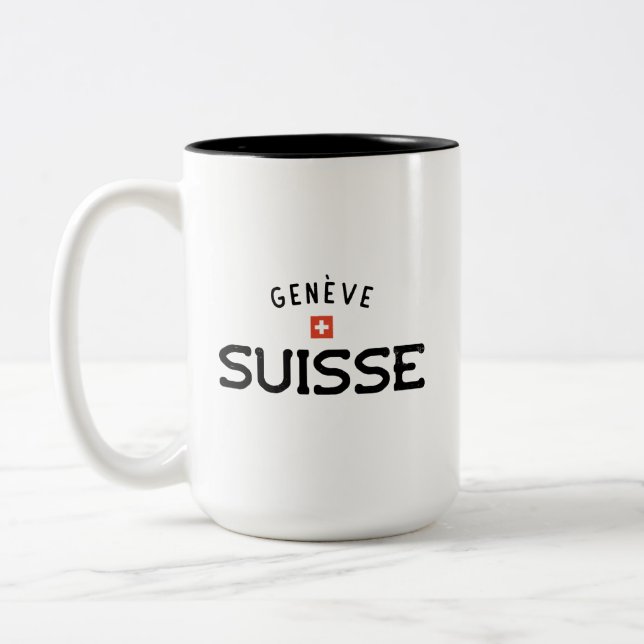 Distressed Geneve Suisse (Geneva Switzerland) Two-Tone Coffee Mug (Left)