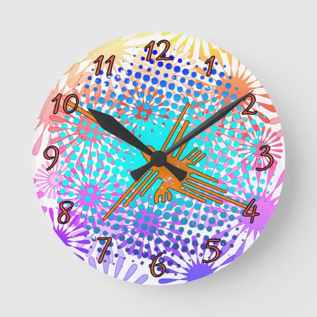 Distressed Golden Nazca Lines Hummingbird Round Clock (Front)