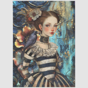 Distressed Gothic Victorian Girl Raven Teal Floral Tissue Paper