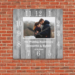 Distressed Grey Wood 5 Year Anniversary Photo   Square Wall Clock