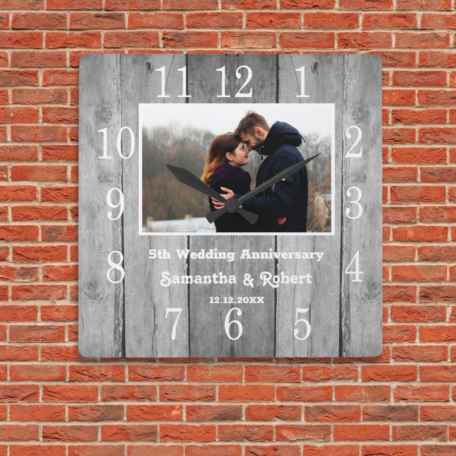Distressed Grey Wood 5 Year Anniversary Photo   Square Wall Clock (Distressed Gray Wood 5 Year Anniversary Photo Square Wall Clock)