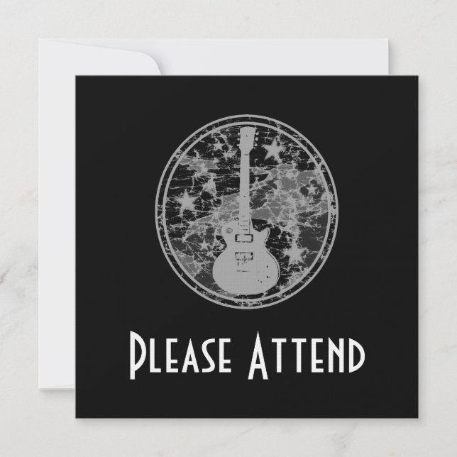 Distressed Guitar Stars Cameo Silhouette Dark BW Invitation (Front)