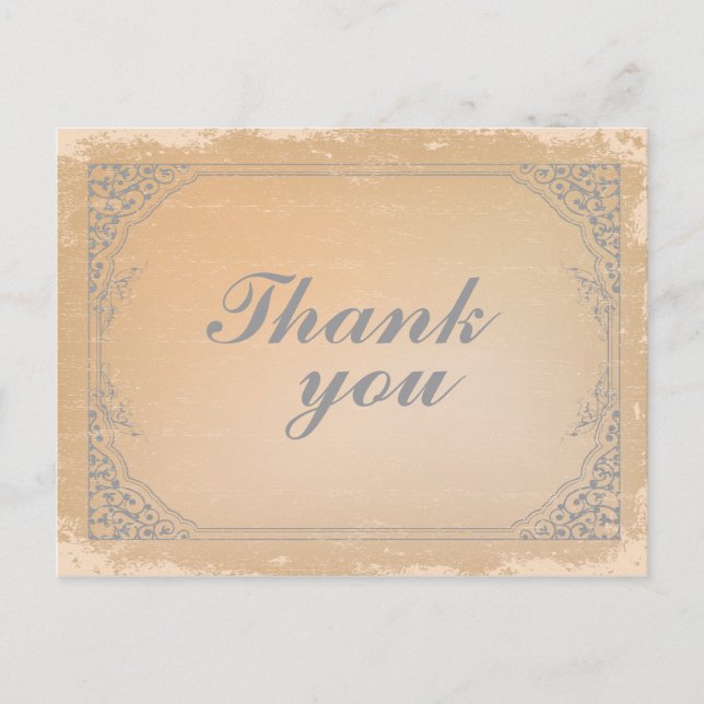 Distressed gunmetal grey vintage scroll thank you postcard (Front)