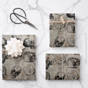 Distressed Halloween Vintage Skulls Pattern Wrapping Paper Sheet