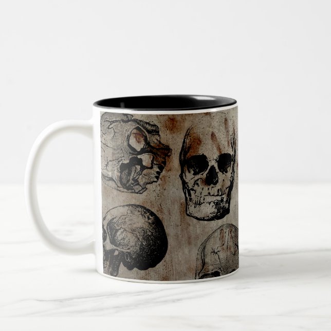 Distressed Halloween Vintage Skulls Two-Tone Coffee Mug (Left)