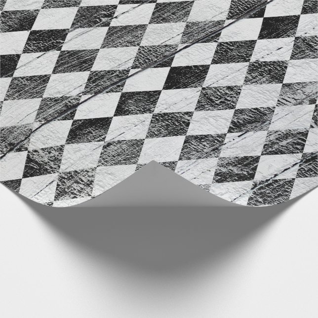 Distressed Harlequin Black and White Diamond Med Wrapping Paper (Corner)