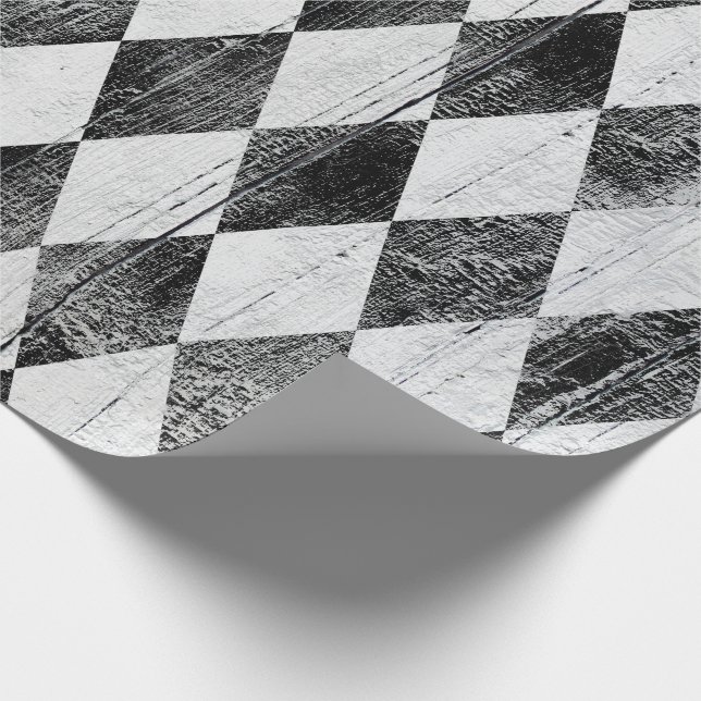 Distressed Harlequin Black and White Diamond Wrapping Paper (Corner)