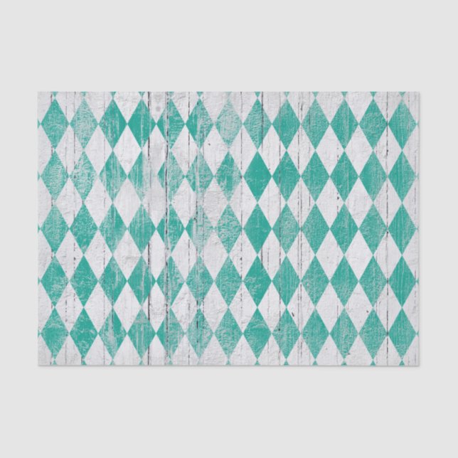 Distressed Harlequin Teal White Diamond Tissue Paper (Front)
